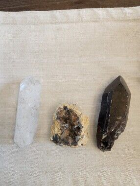 Three Crystal Specimen Set - Clear Quartz, Calcite Cluster & Smoky Quartz